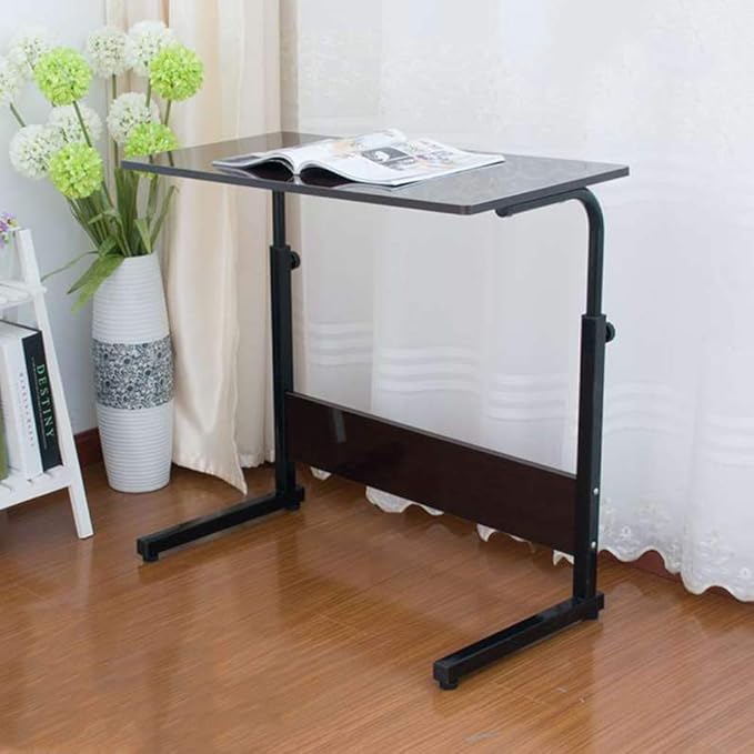 Goujxcy Sofa Side Table C Shaped End Table with Wheels, Rolling Bedside Laptop Table Snack Table TV Tray, Height Adjustable, Wooden Top & Metal Frame
