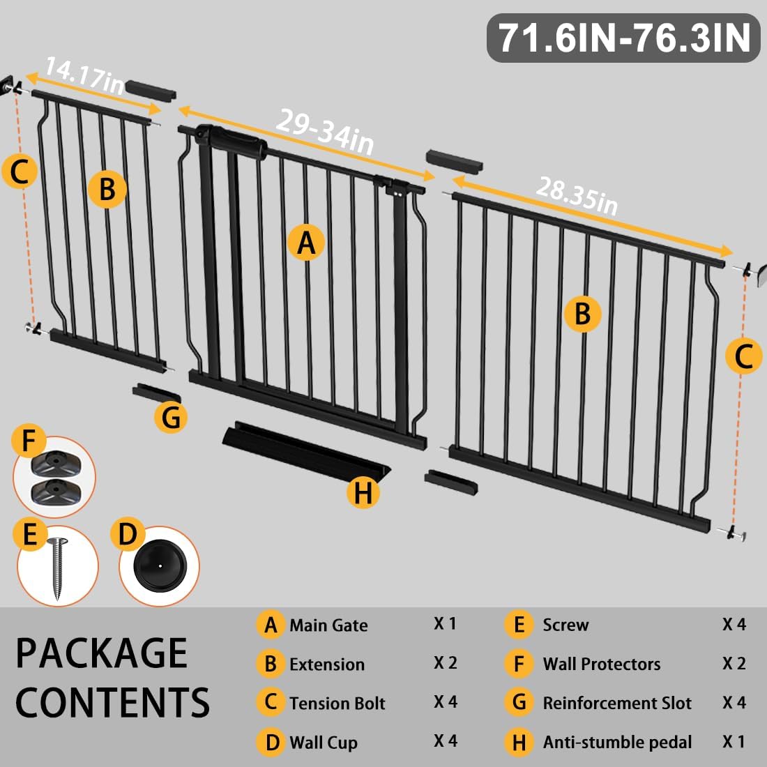 Fairy Baby Extra Wide Baby Gate 71.6-76.3 Inch Wide, Walk Through Pressure Mounted No Drill, Long and Large Tension Gate for Pet and Kids, Black
