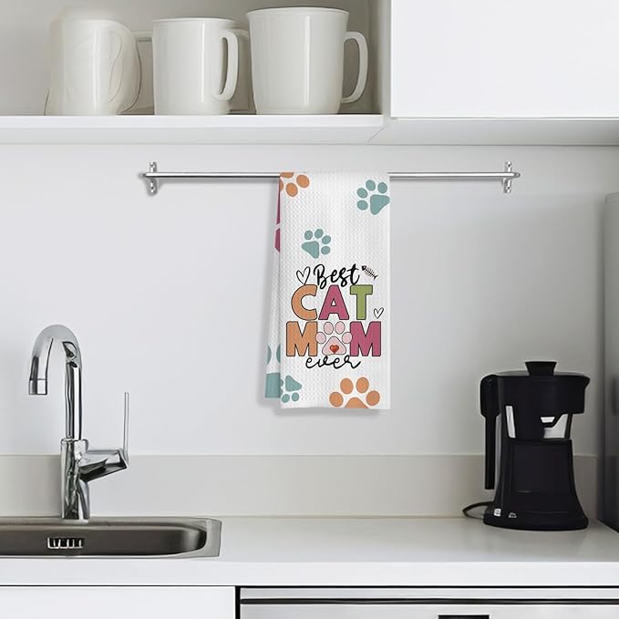 Best Cat Mom Ever Kitchen Towels, Cat Mom Lady Lover Gifts for Women, Cute Kitty Kitten Paw Decorative Dish Tea Hand Towels for Kitchen Bathroom, 16x24 Inches(Style B)
