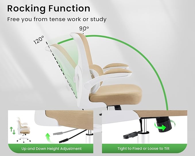 Ergonomic Office Chair, Comfy Desk Chair with Adjustable Lumbar Support, Mesh Computer Chair with Wheels, Flip-up Armrests, Swivel Rolling Executive Chair for Home Office, Gaming, Khaki