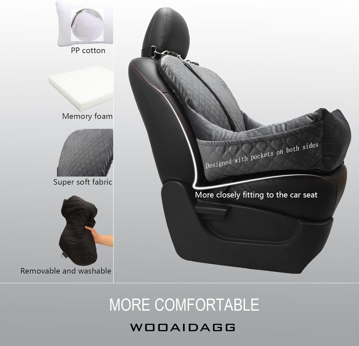 Dog Car Seat,Fully Detachable and Washable Cover,Easy to Assemble,Comfy Cushion Fill in Memory Foam,2 Clip-On Safety Leashes and Storage Pockets (Grey)
