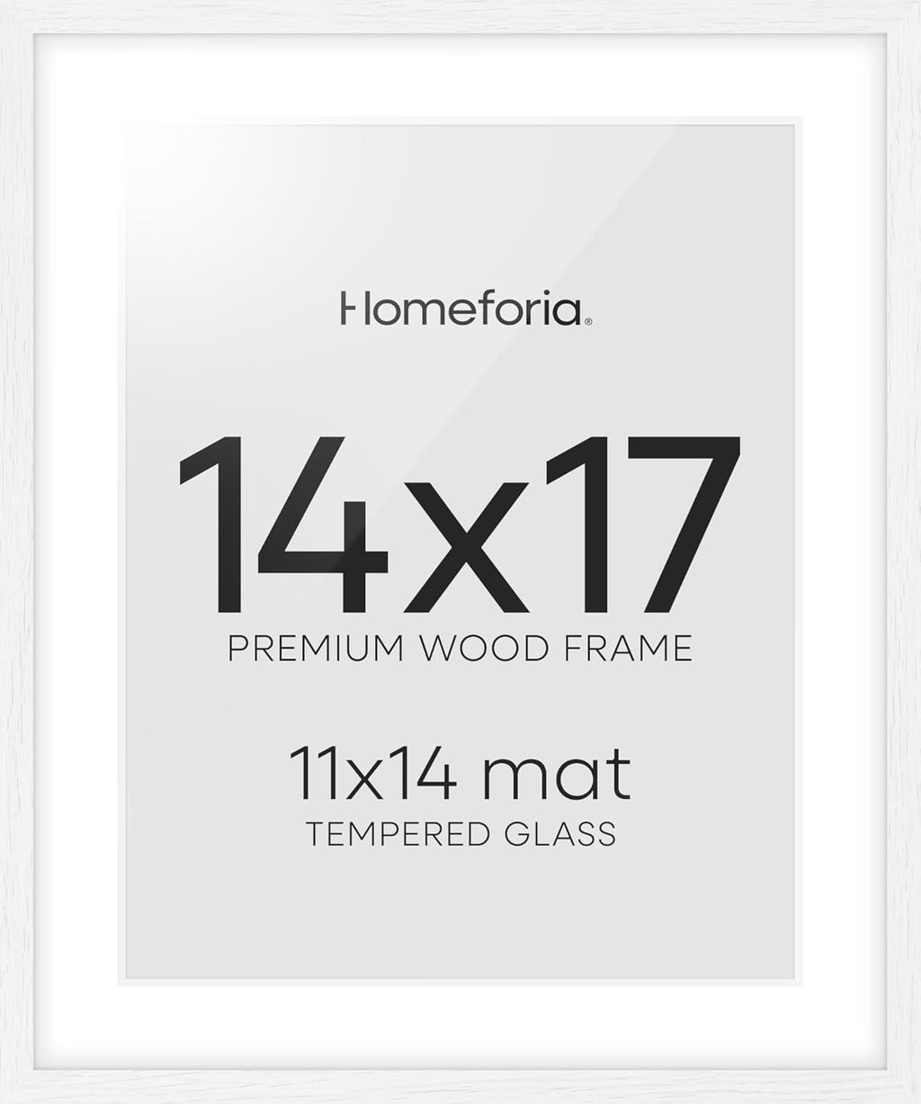 Homeforia 14x17 Picture Frame White, High End Oak 14x17 White Wood Frame with Mat 11x14 Photo, 14 x 17 Wooden Poster Frames Matted to 11 by 14, 17x14 Hanging Frames, Tempered Glass, Wall Kit, Set of 1
