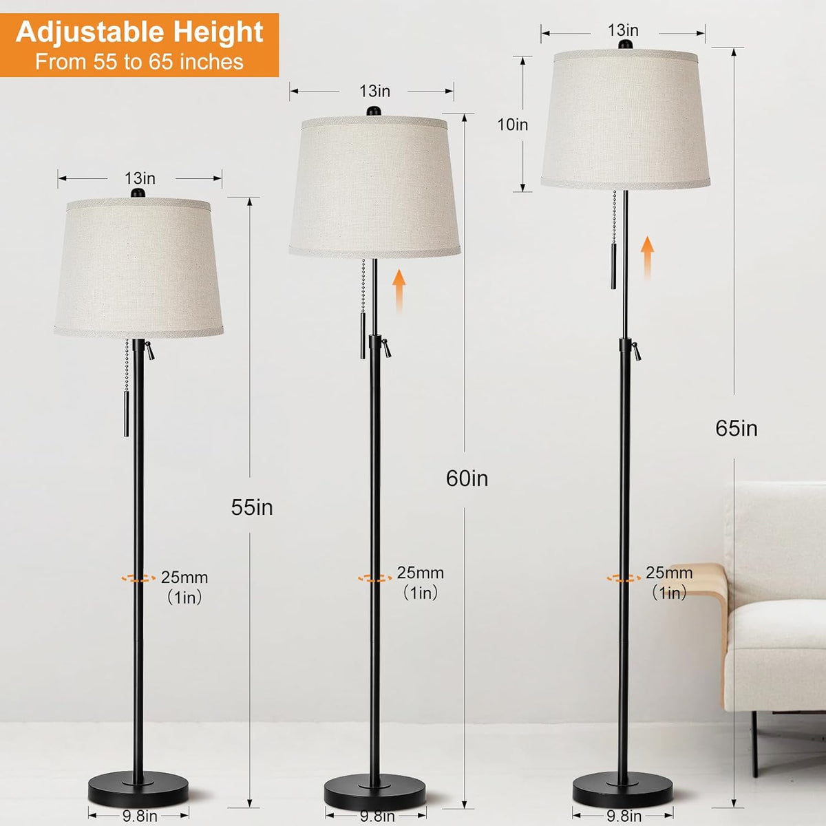 Floor Lamps for Living Room, Black Floor Lamp Adjustable Height Standing Lamp, Dimmable Modern Tall Floor Lamp for Bedroom Office with Beige Linen Shade, 8W 3000K Bulb Included