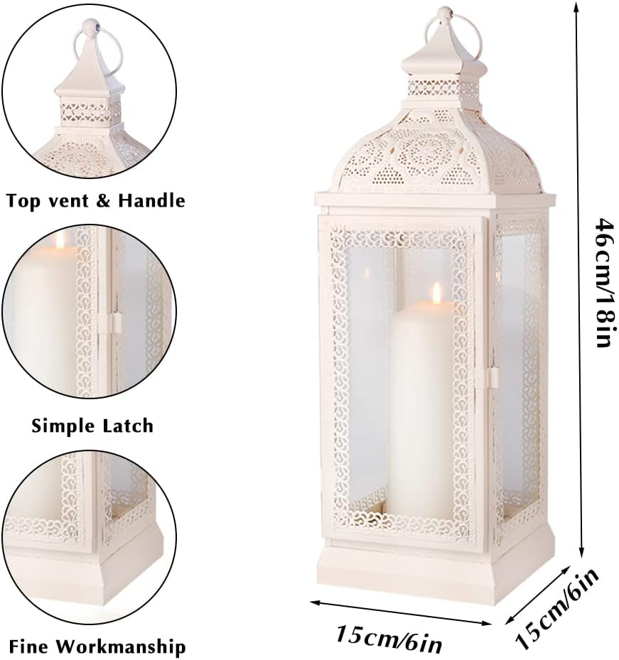 TRIROCKS Rustic Style Metal Candle Lantern 19'' High Decorative Hanging Lantern Candle Holder with Tempered Glass for Christmas Living Room Garden Yard Patio Parties Events Indoors Outdoors(Cream)