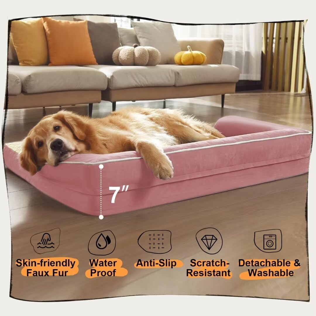 Large Dog Bed Orthopedic Washable: Beds Bolster - XL XLarge Big Dogs - Memory Foam - Ultra-Soft Pink XL Dog Crate Bed - Waterproof with Removable Cover
