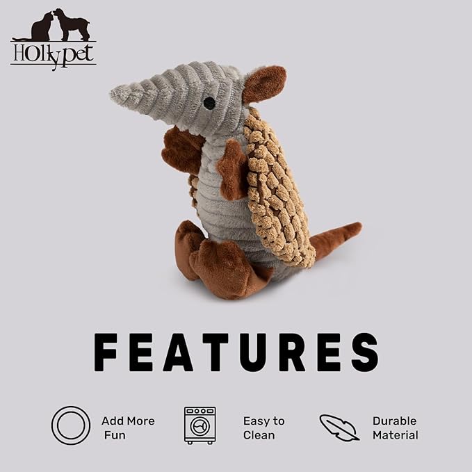Hollypet Plush Dog Squeaky Toy Stuffed Armadillo Animal Pet Puppy Chew Toys with Clean Teeth for Small Medium Large All Breed Sizes Dogs, Light Brown, 8 in