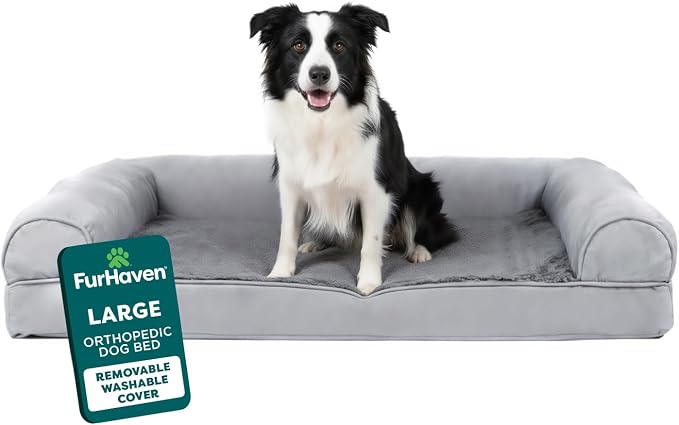Furhaven Orthopedic Dog Bed for Large/Medium Dogs w/ Removable Bolsters & Washable Cover, For Dogs Up to 55 lbs - Plush & Suede Sofa - Gray, Large