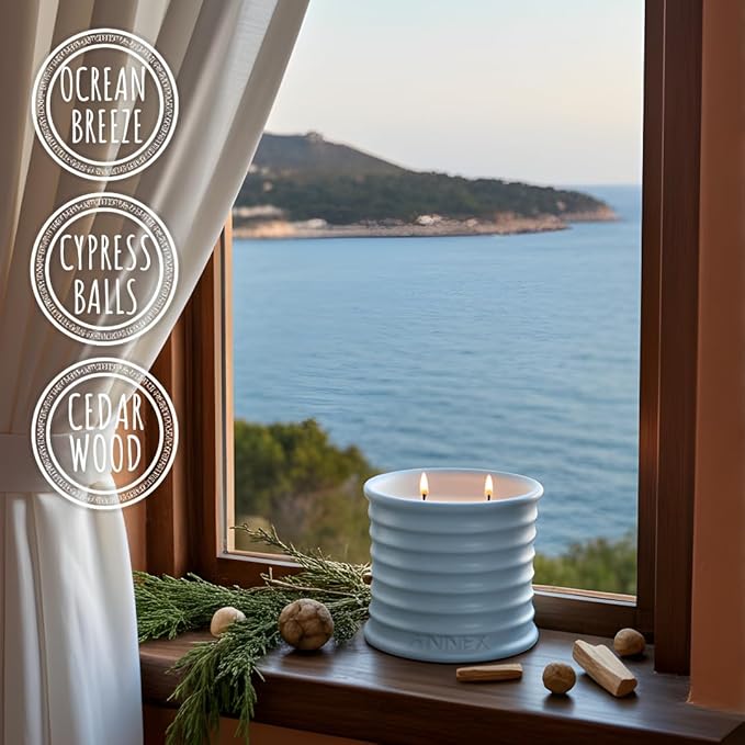 Scented Luxury Candles in Handmade Ceramic Jars, Soy Wax | Day On The Sea – Cypress & Cedar, Large Candle | Non Toxic, 2 Wicks, Reusable Big Blue Jar | Natural Spring Aromatherapy for Women & Men