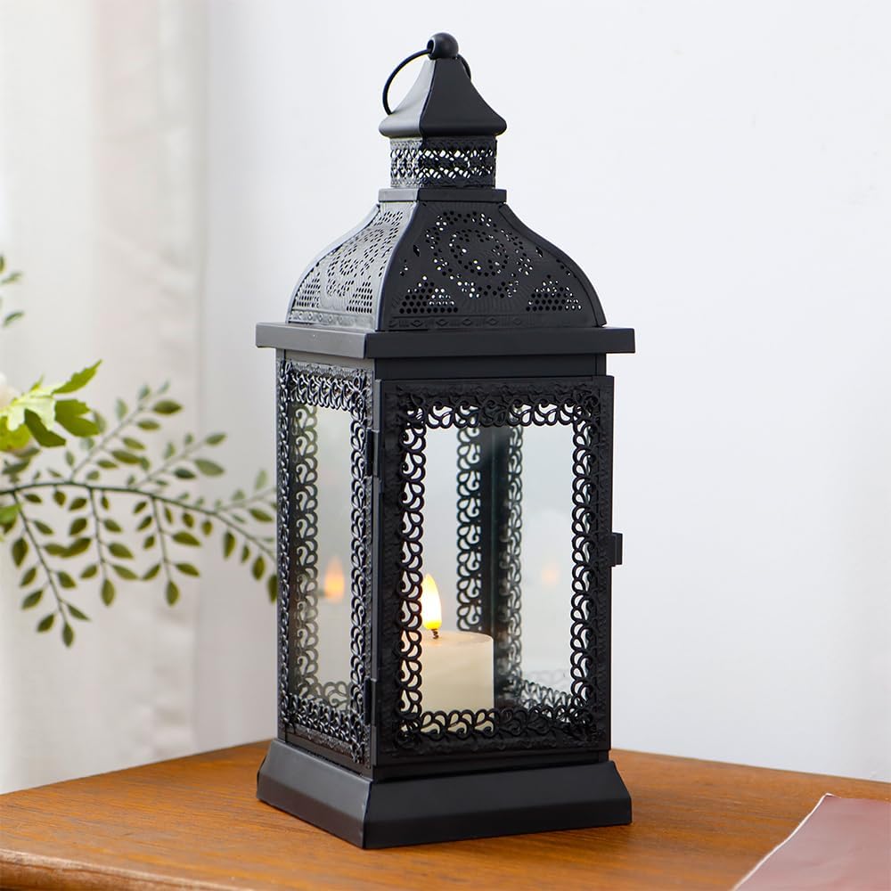 TRIROCKS Rustic Style Metal Candle Lantern 13'' High Decorative Outdoor Lantern Candle Holder with Tempered Glass for Christmas Living Room Garden Patio Parties Indoors Outdoors (Black)