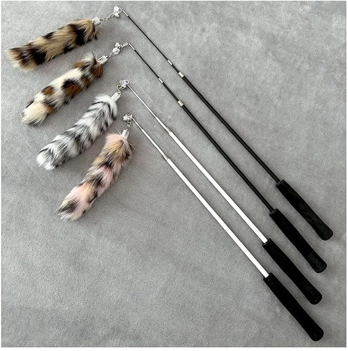 Interactive Cat Wand Toy with Cat Dancer, Retractable Feather Fox Tail Teaser for Indoor Cats, Enrichment Play Kittens to Senior Cats(Arctic White)