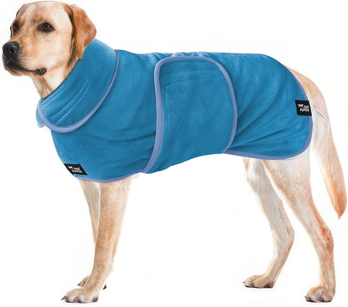 Tuff Pupper Fast Drying Dog Bath Robe | 800 GSM Plush Dog Towel Bathrobe/Dressing Gown | Super Absorbent Pet/Puppy Bathrobe | Adjustable Hood & Belly Strap | Super Soft | Fast Drying (XL, Blue)