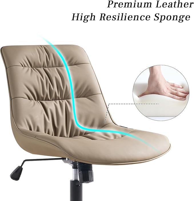 Kidol & Shellder Faux Leather Office Chair, Adjustable Swivel Height Task Chair, Rolling Wheels & Soft Backrest - Armless Ergonomic Desk Chair for Home, Office,Vanity,Gaming（Khaki）