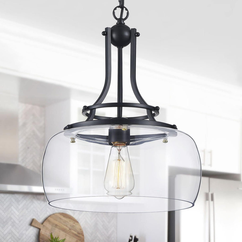 WUZUPS Chandelier Rustic Farmhouse Industrial Round Ceiling Pendant LED Light Fixture with Clear Glass Shades for Dining Room Kitchen Island Foyer Entryway, H 17" x W 13.4", E26 Base, Black