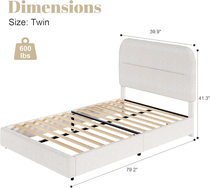 HOMBCK Twin Bed Frames with Headboard, Twin Size Boucle Upholstered Bed Frame for Kids, Soft Rounded Corners, Wooden Slats Support, No Box Spring Required, Easy Assembly, Cream