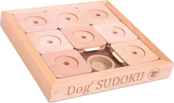 Interactive Wooden Sudoku Puzzle for Cats and Small Dogs - Expert Brain Pet Toy - 9 Treat-Hiding Holes, Small All-Wood Design