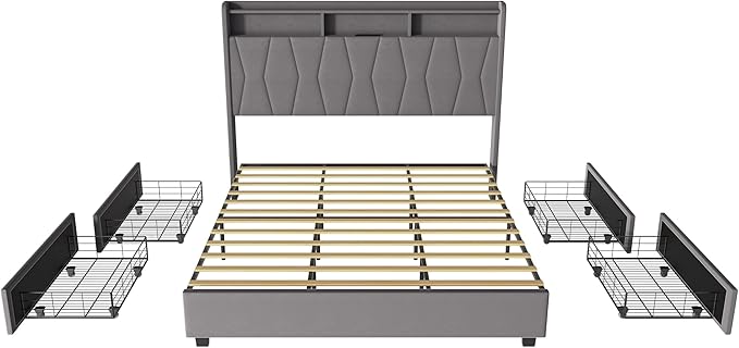 King Size Bed Frame, Velvet Upholstered LED Platform Bed with Headboard Storage, Bed Frame King Built-in Charging Station with 4 Drawers, Wood Slat Support, No Box Spring Needed, Grey