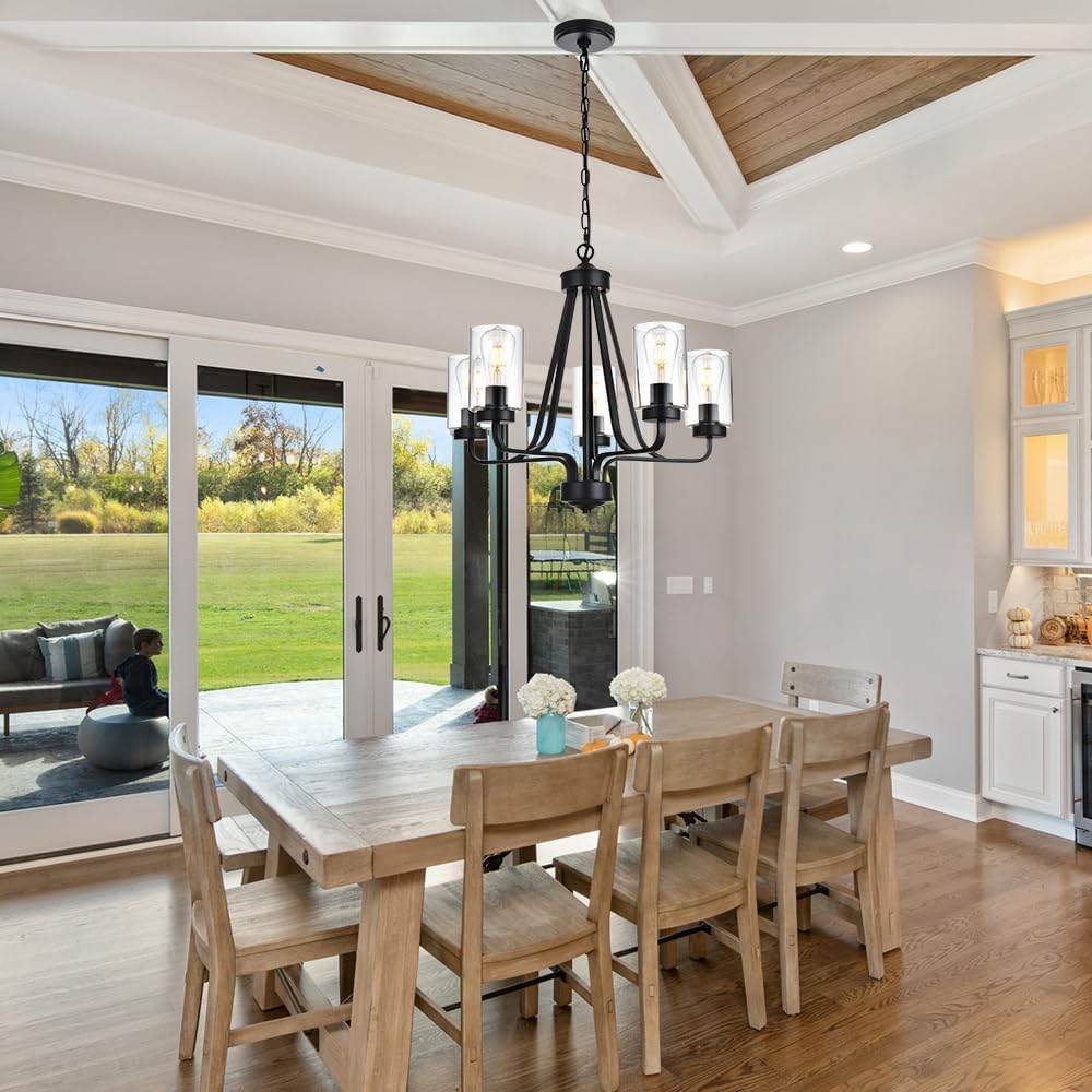 5-Lights Modern Chandelier with Clear Glass Shades, Black Farmhouse Pendant Lighting for Dining Room Kitchen Island Ceiling Light Fixture Haning Over Table