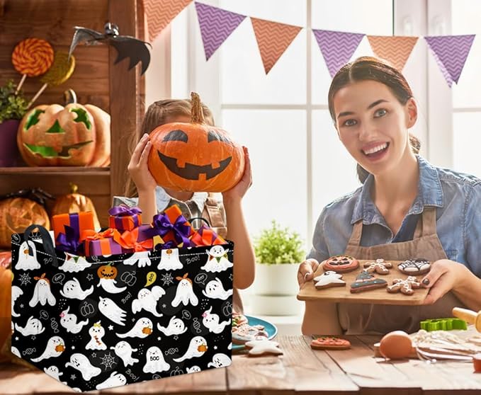 HIYAGON Rectangular Halloween Basket for Boys and Girls Kids Trick or Treat Pumpkin Basket for Halloween Parties Cute Storage Bin Organizer Box Room Decor(Black ghost)