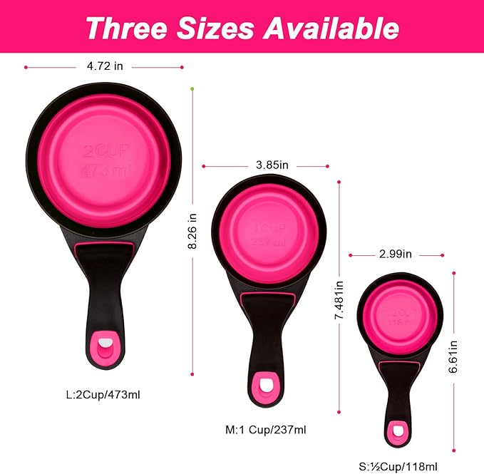 Collapsible Silicone Dog Food Scoop Foldable Pet Food Measuring Cup with Bag Clip 3 in 1 Multi-Function Silicone Dog Food Scooper (Rose Red, Medium)