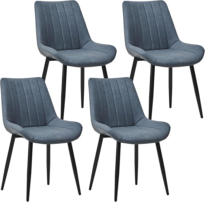 Dining Chairs Set of 4, Faux Leather Modern Linear Design Dining Chair with Metal Legs, 16.9" Seat Width Chair for Kitchen, Lounge, Reception Room, Restaurant, Commercial (Haze Blue)