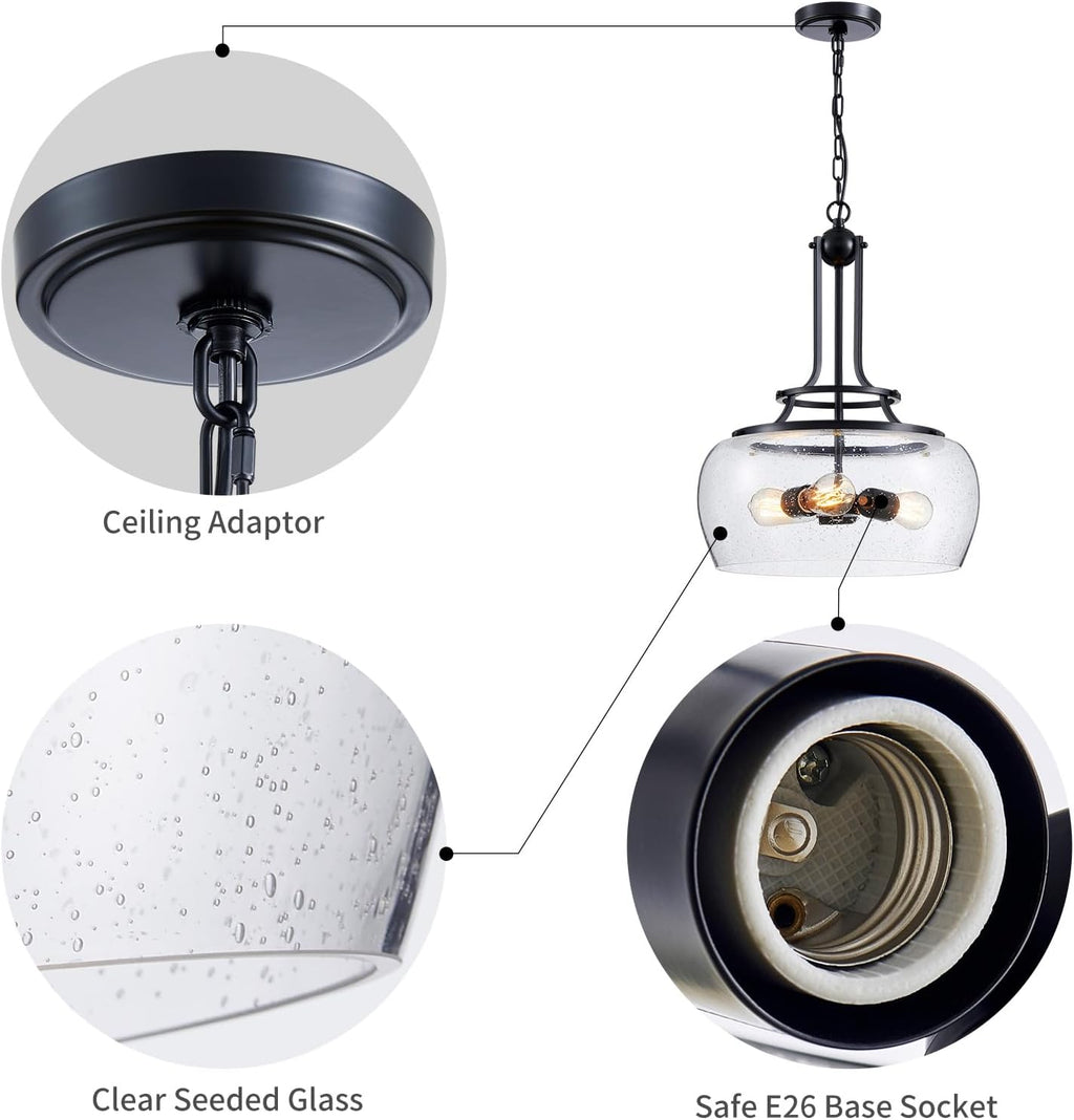 WUZUPS Chandelier Rustic Farmhouse Industrial Round Ceiling Pendant LED Light Fixture Clear Seeded Glass Shade for Dining Room Kitchen Island Foyer Entryway, H 20.9" x W 15.9", Black