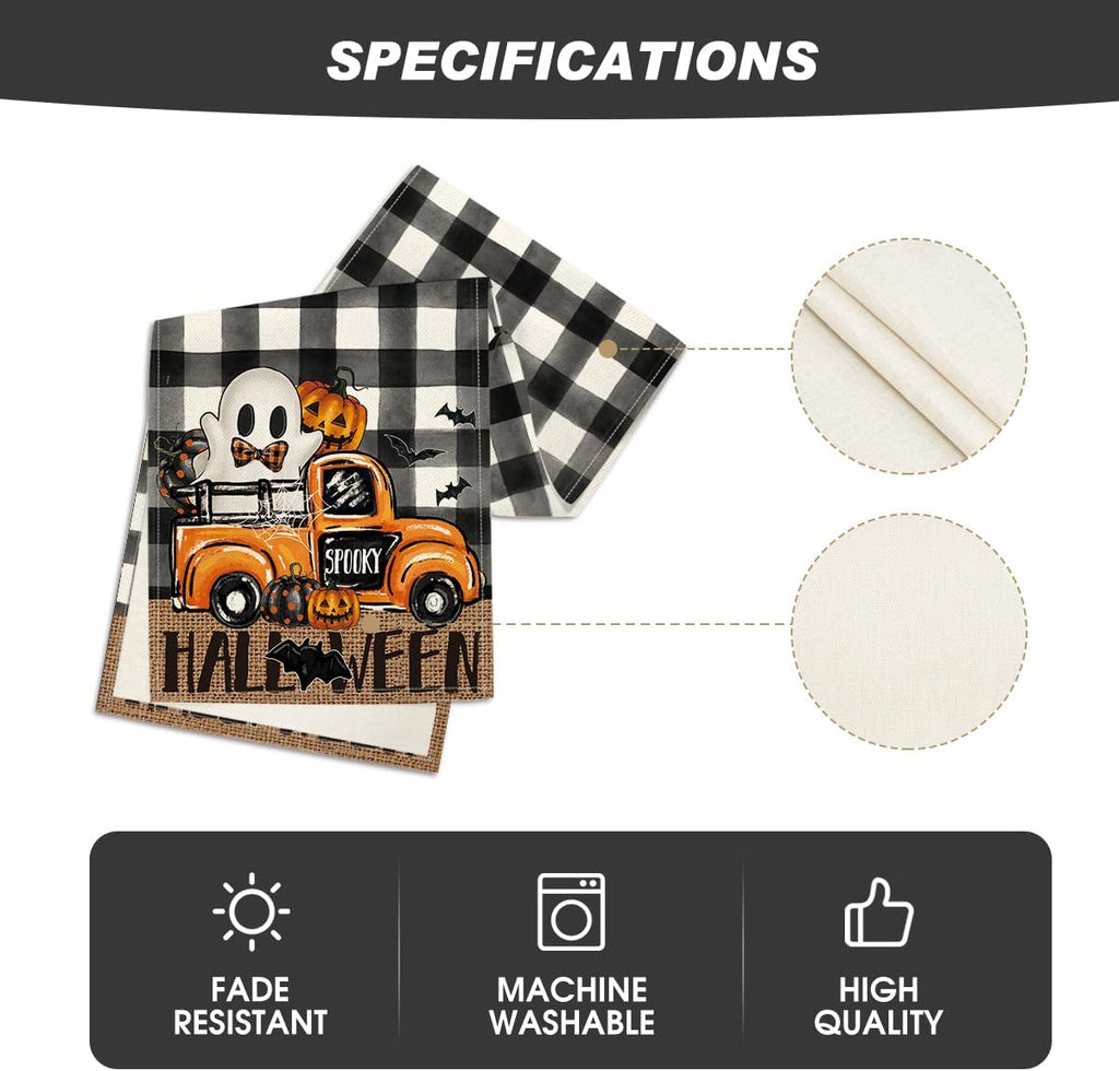 Artoid Mode Buffalo Plaid Bat Pumpkin Ghost Truck Spooky Halloween Table Runner, Sensonal Kitchen Dining Table Decoration for Home Party Decor 13x36 Inch