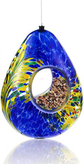 VOREEN Glass Bird Feeder, Handcrafted Hanging Fly-Through Feeder for Outdoor Garden & Backyard, Decorative Wild Bird Feeder with Steel Wire Cable,Blue