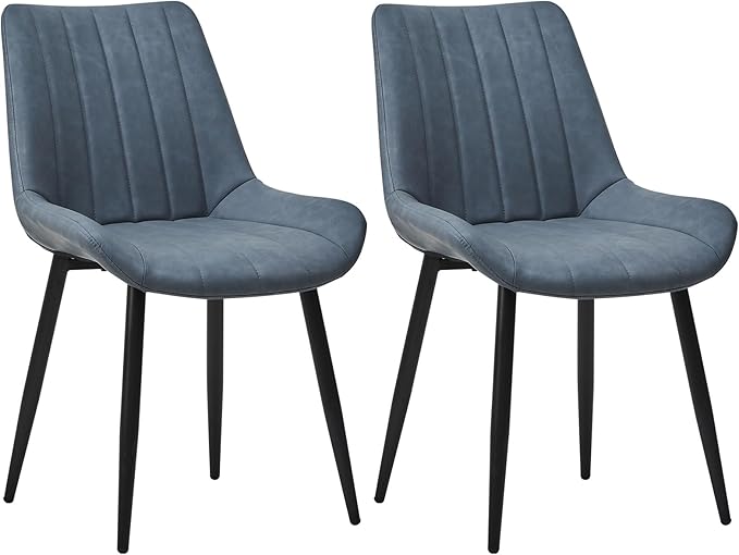 Dining Chairs Set of 2, Faux Leather Modern Linear Design Dining Chair with Metal Legs, 16.9" Seat Width Chair for Kitchen, Lounge, Reception Room, Restaurant, Commercial (Haze Blue)