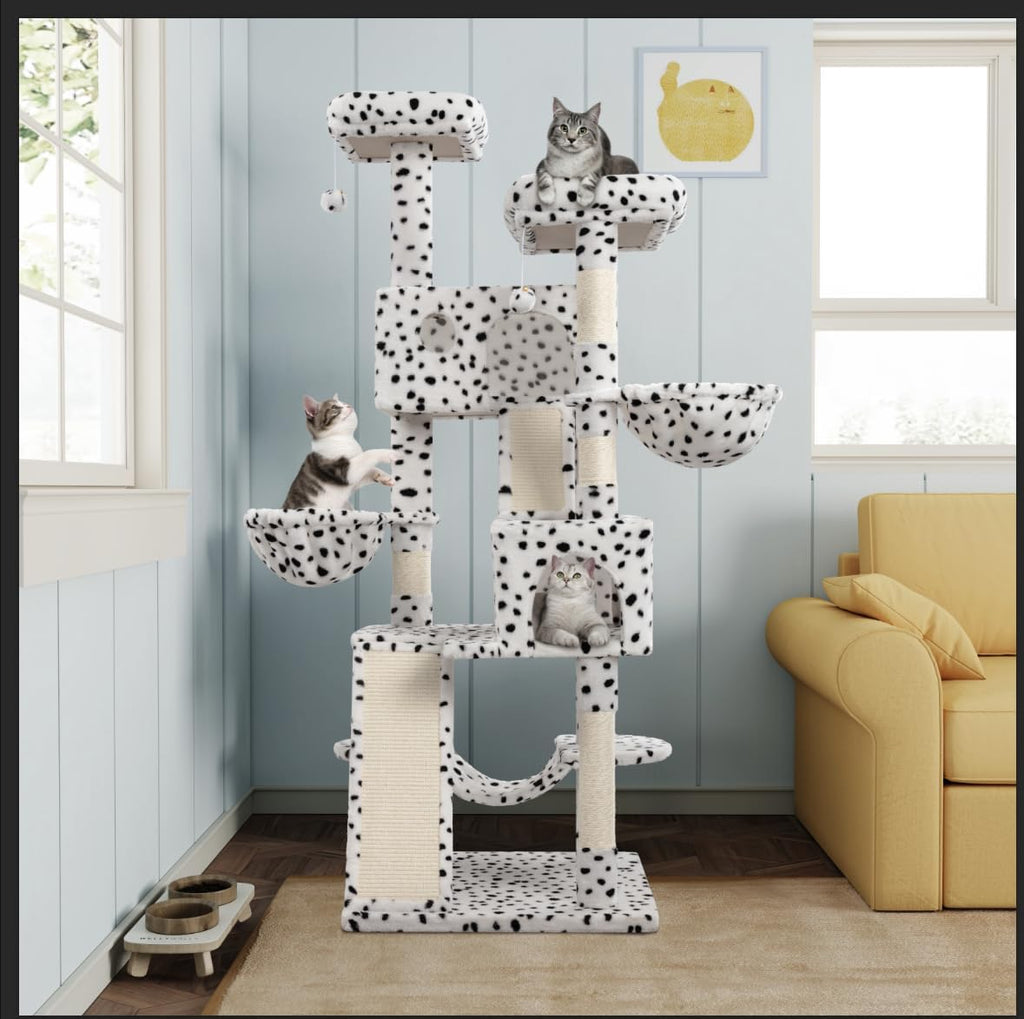 MUTICOR 66 Inches Multi-Level Large Cat Tree Tower for Indoor Big Feline/Cozy Plush Perches/Condo/Sisal Scratching Posts/Hammock and Baskets/Activity Center Play House/Wide Base/White & Black Spot