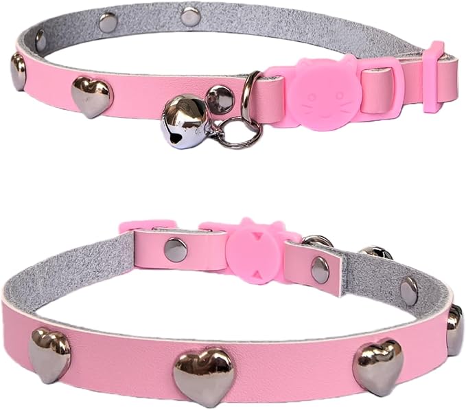 Spiked Cat Collar with Bells, Breakaway Genuine Leather Protective Collar for Kitty, Studs Spikes Punk Style, Heart Pattern, Adjustable for Girl Boy Kittens Small Bunny Rabbit, 8"-9.5" Pink