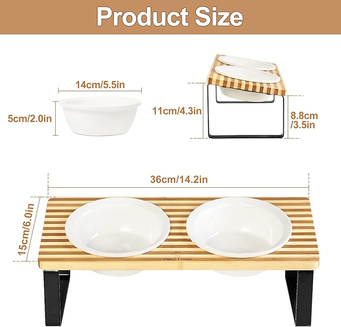 Sunhoo Ceramic Elevated Cat Bowls Raised Puppy Dishes for Food and Water Tilted Wooden Stand for Indoor Cats 5.5 inch Wide Double Dish Orthopedic Reduces Vomiting (Yellow&Brown)