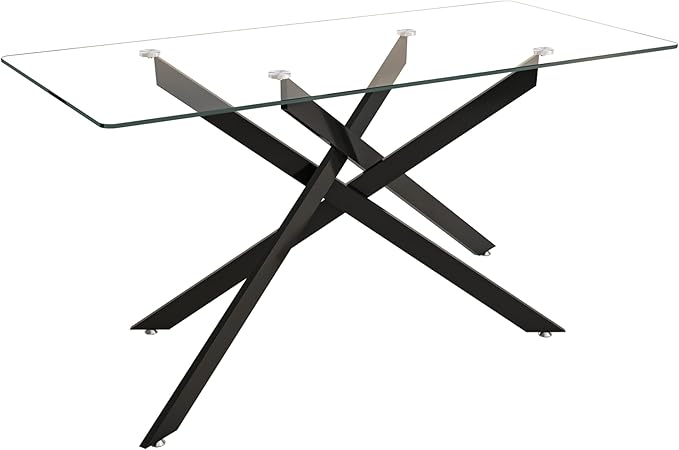 60" Glass Dining Table Modern Kitchen Table for 4-6 People, Contemporary Rectangular Dining Room Dinner Tables with Clear Glass Top & Black Metal X Legs for Kitchen Apartment