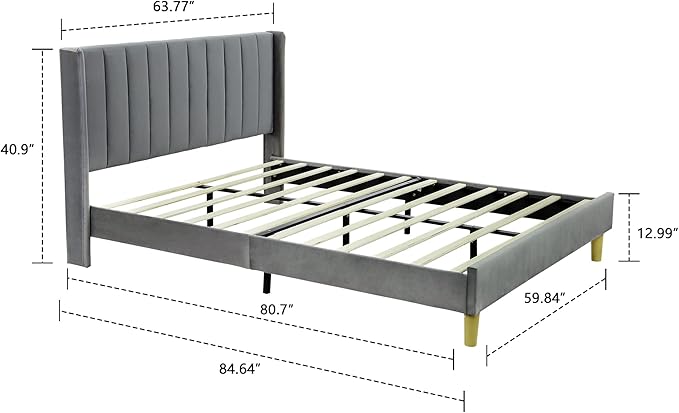 Low Profile Upholstered Platform Bed,Queen Beds with Dark-Grey(Velvet)