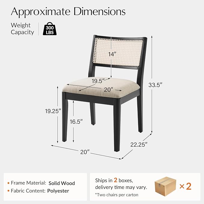 HULALA HOME Rattan Dining Chairs Set of 4, French Solid Wood Kitchen Dining Room Chairs with Curved Back, Upholstered Accent Dinner Cane Chair for Living Room Restaurant, Black
