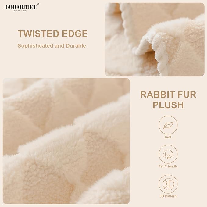 HANDONTIME Non-Slip Pet Couch Cover Washable, Plush Faux Fur Couch Protector for Cushion Pet-Friendly Sofa Covers for Dogs, Checkered Diamond Sectional Covers Dog Mat for Sofa (Khaki, 35.6" x 82.7")