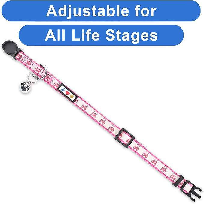 Pawtitas Halloween Cat Collars for Cats Adjustable Collar Glow in The Dark Feature and Safety Breakaway Buckle and Removable Bell to Match Your Halloween Cat's Costume - Pink Skulls Pattern