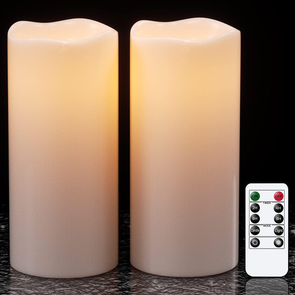 GenSwin Waterproof Outdoor Flameless Candles with Remote Timer, Battery Operated Large Flickering LED Pillar Candles for Indoor Outdoor Lanterns, Won’t Melt, Long-Lasting(White, Set of 2, 8” x 4”)