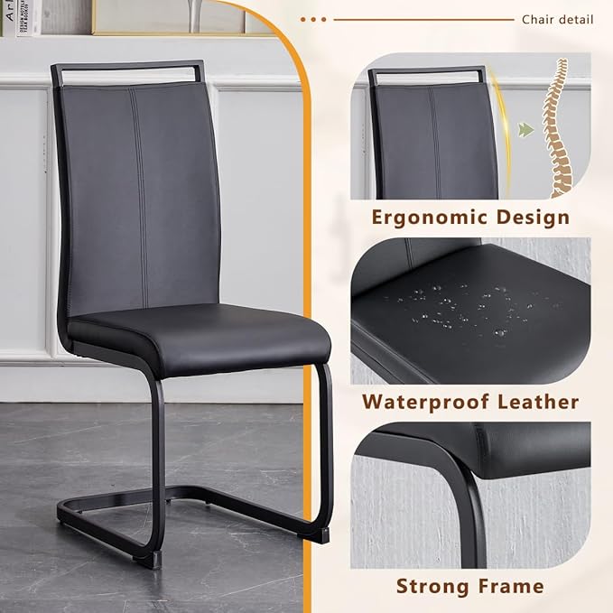 63'' Glass Dining Table Set for 4, Kitchen Table Chairs Set of 4, Clear Glass Dining Table with Black unique design Leg and Silver Metal Base, 4 PU Dining Chairs with Metal Legs, Living Room, Kitchen.