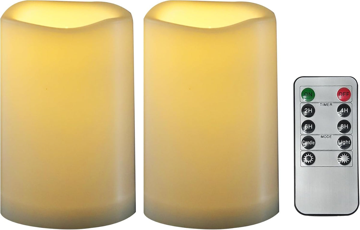 CANDLE CHOICE Waterproof Outdoor Battery Operated Flameless Candles with Remote Timer Plastic Flickering Fake Electric LED Pillars for Lantern Garden Wedding Christmas Decorations 3x5 Inches 2 PCS