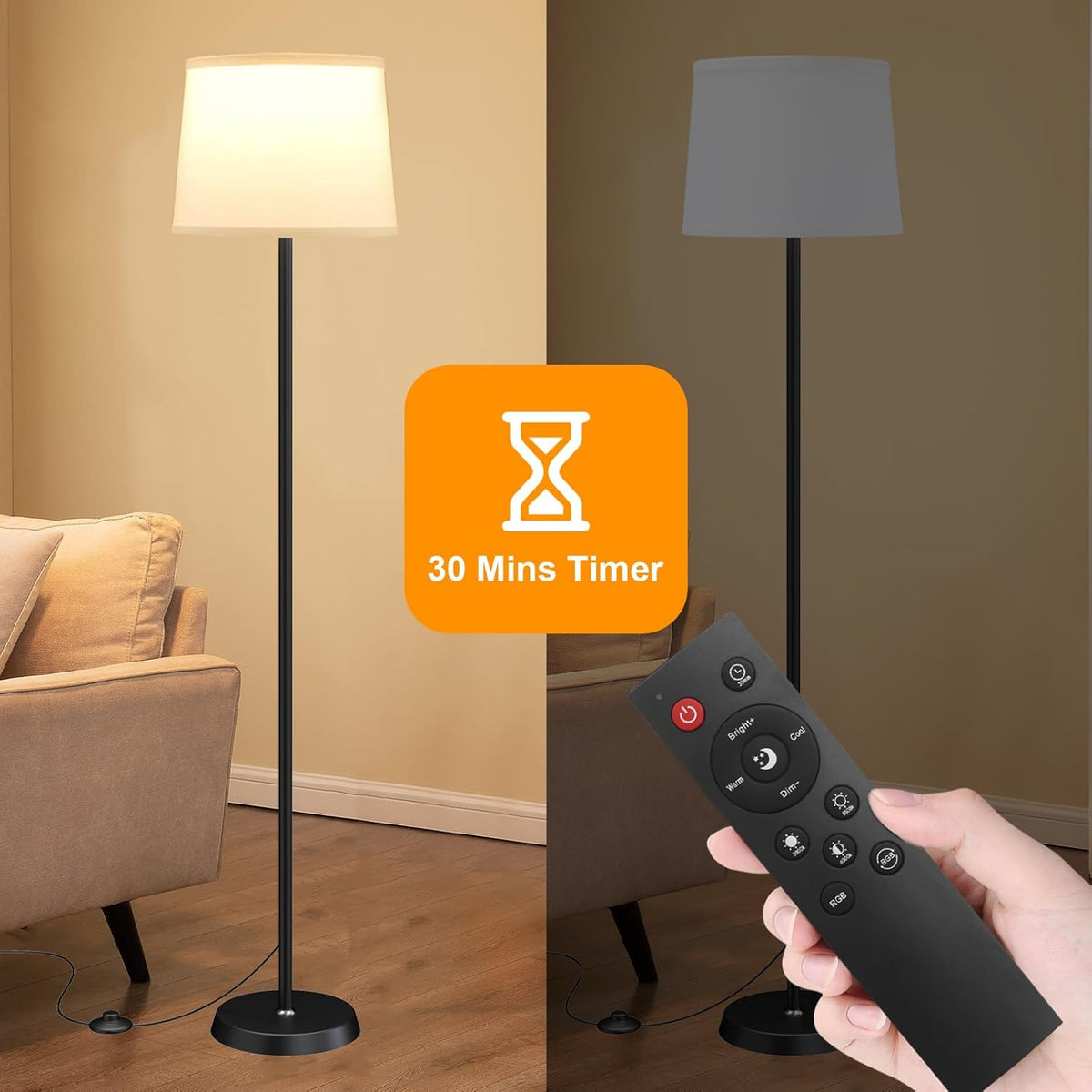 Floor Lamp for Living Room Bedroom,Modern Floor Lamp with Remote, Simple Design with White Shade,Foot Pedal Switch,Dimmable Colors Temperature,9W RGB LED Bulb