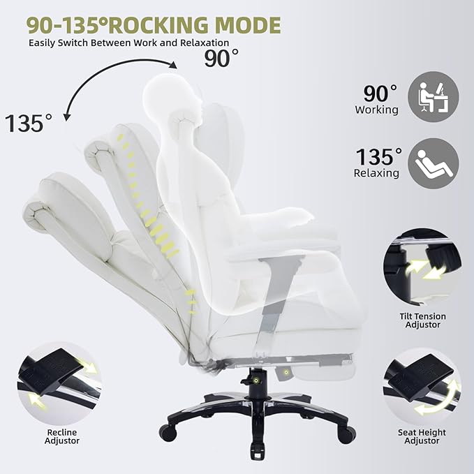 Efomao White Big and Tall Office Chair with Footrest – Ergonomic High-Back Computer Chair with Adjustable Armrests, Wide Seat – Modern Home Office, Gaming & Study Chair for Young Professionals