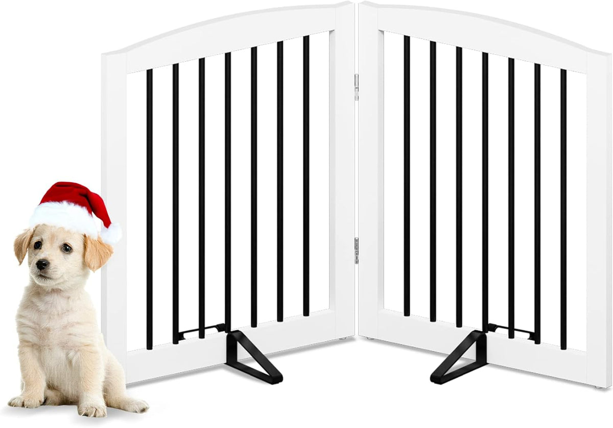 Freestanding Pet Gate for Dogs, Foldable Wooden Dog Gate for House, Indoor Pet Barrier for Stairs, Doorways, Support Feet Included, 24" Height 2 Panels, White