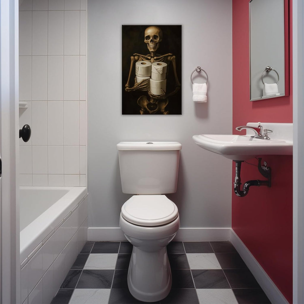 Gothic Skull Wall Art Funny Skeleton with Toilet Paper Canvas Print Vintage Skull Painting Framed Artwork for Living Room Home Halloween Wall Decor(Artwork-8,12"x18")