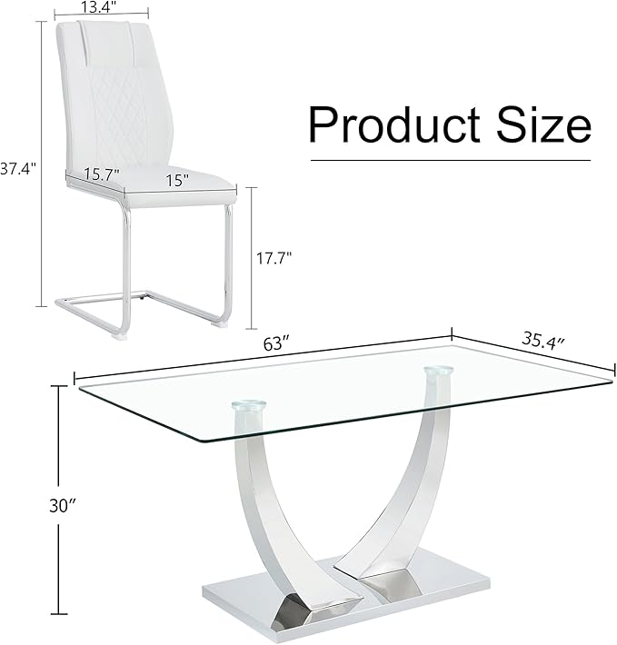 AZmac 63” Glass Dining Room Table Set for 6, Modern Kitchen Table and Chairs Set of 6, Dining Sets with Rectangular Tempered Glass and Sturdy Silver Chrome Base, for Kitchen Home