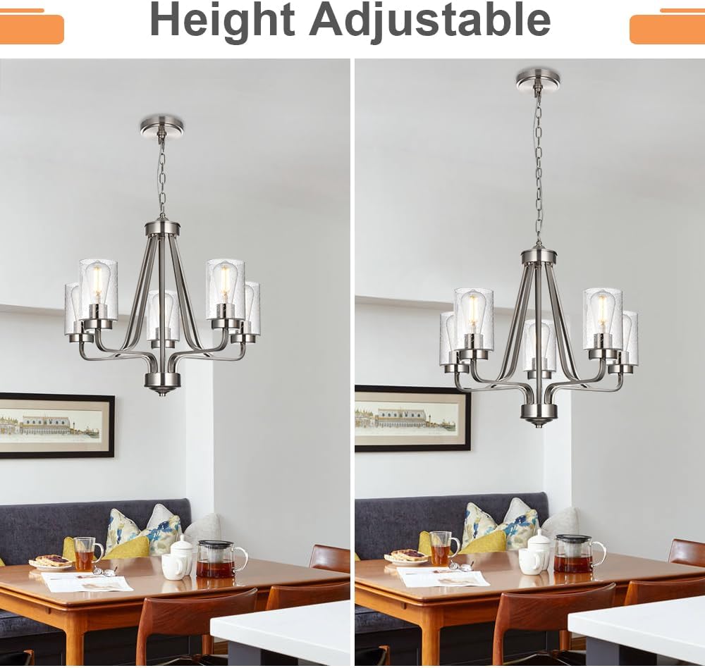 5-Lights Modern Pendant Light Fixtures, Wagon Wheel Dining Room Chandelier in Brushed Nickel, Hanging Ceiling Home Lighting for Foyer Kitchen Bedroom