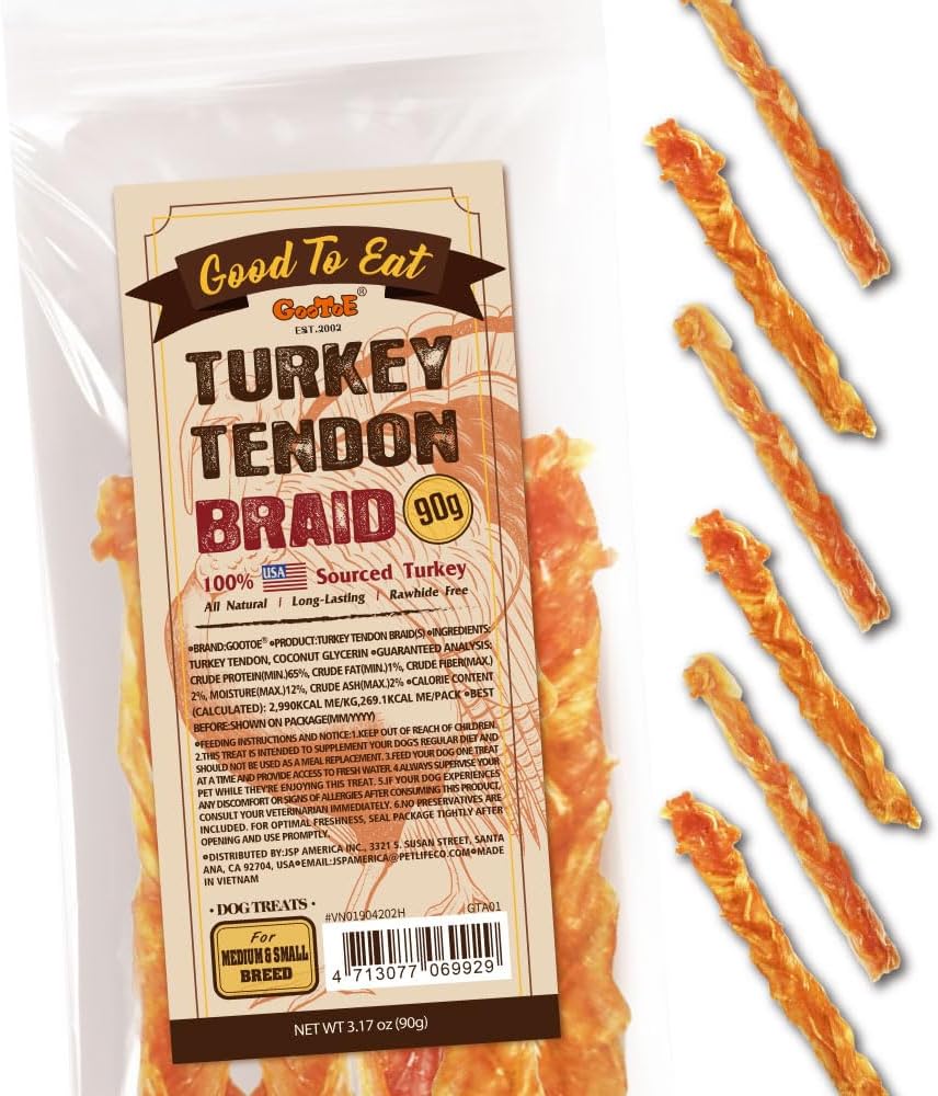 Gootoe Turkey Tendon Dog Treats – 100% USA-Sourced, Natural Snack, Premium Training Chews, Hypoallergenic, Reseal Value Bags, Size for Medium & Small Dogs, Braid (Medium) 3.17 oz/Pack (90gm)