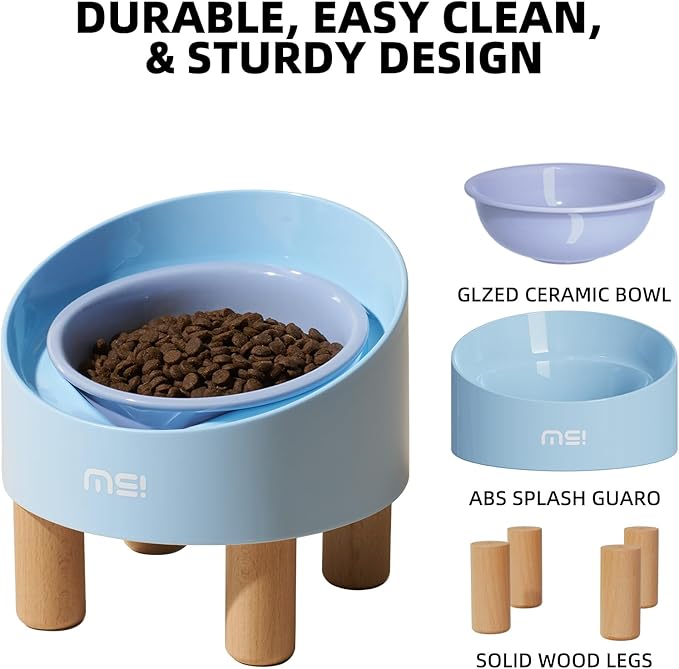 MS!MAKE SURE Cat Bowls, Adjustable Elevated Ceramic Cat Bowls with Anti-Slip Rubber Pad, Splash Guard, Lead & Cadmium Free, Whisker Friendly, for Puppies & Cats - 5.1" Wide, 295ML (10 oz), Blue