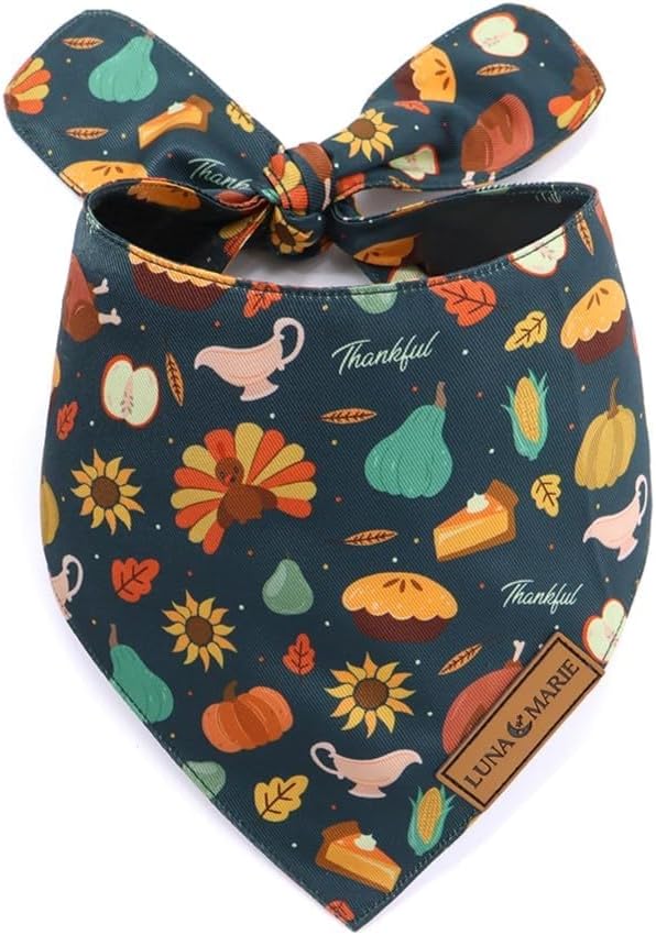 LunaMarie - Luxury Pet Birthday Bandanas -Premium & Silky Poly Fabric | 100% Handmade | Custom Shape Dual Layered (Thanksgiving, Small)
