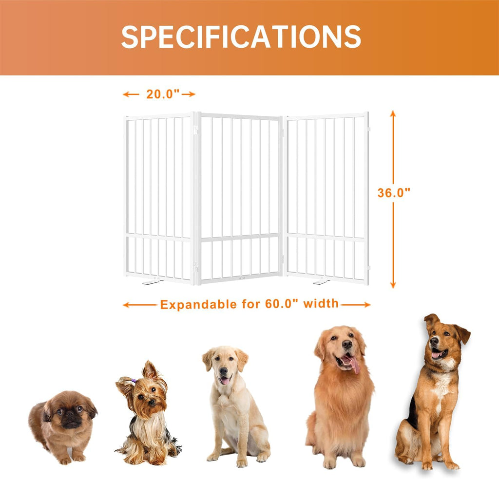 Full Metal Freestanding Dog Gate with Door, 36''Height Foldable Pet Dog Fence for Indoor & Outdoor, 3 Panels Extra Wide Free Standing TallDog Gates for Doorways,House,Stairs,Porch,Deck,Yard