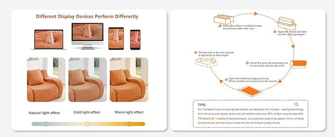 Orange 4-Seater Cloud Couch, Modern Teddy Fabric Boneless Sectional Sofa in a Box for Living Room, Modular Floor Couch, Comfortable Deep Seat, No Assembly Required, Sofas para Sala